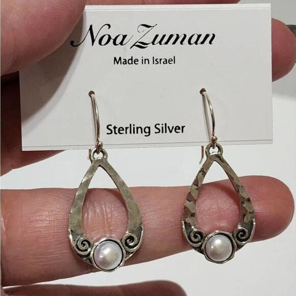 Noa Zuman Sterling Silver Hammered Teardrop Pearl Drop Earrings Made in Israel